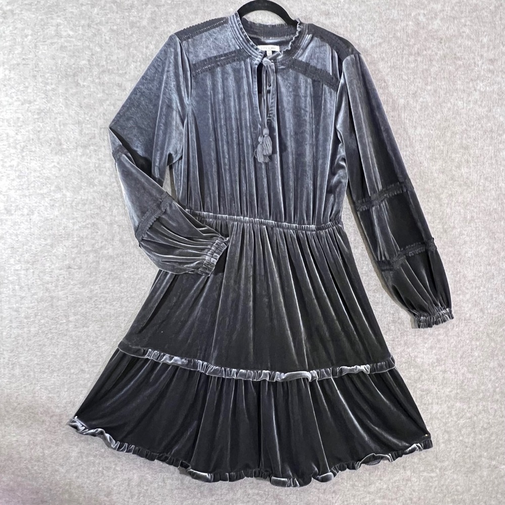 Kate & Sam Velvet Dress Womens Large Gray Long Sleeve Tiered Boho Romantic